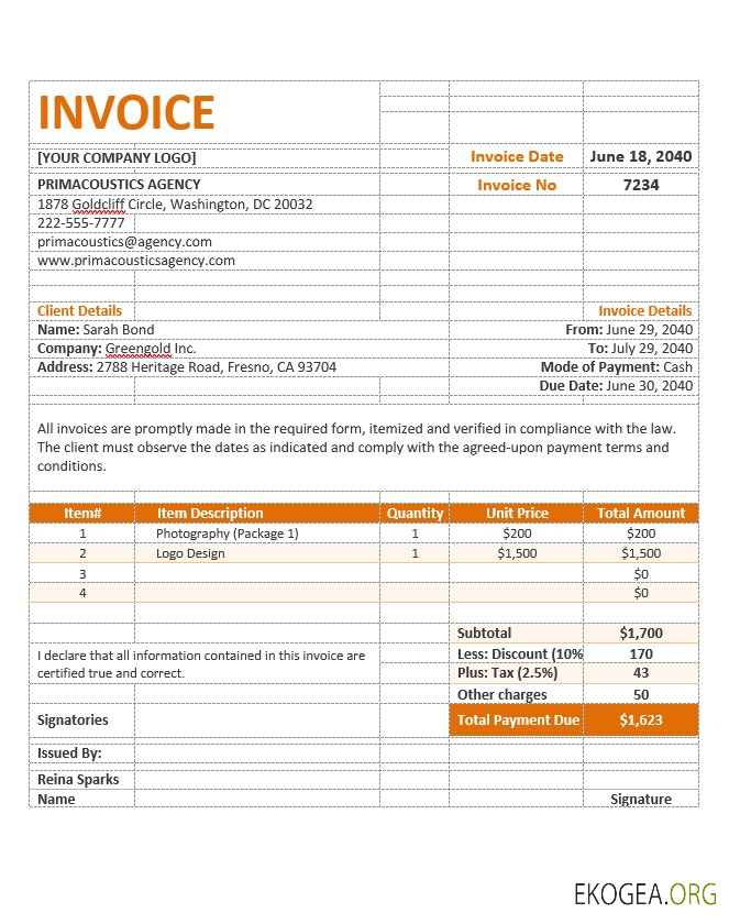 Exemple de modèle de facture d'agence template Exemple de modèle de facture d'agence template
